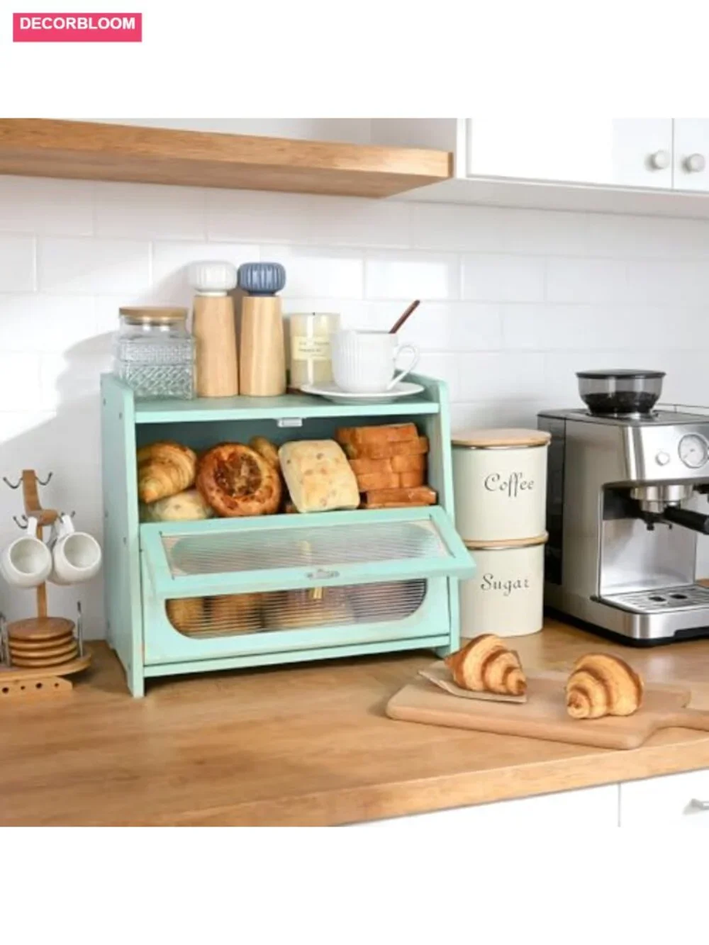 2-Tier Bamboo Bread Box with Window for Kitchen Countertop Storage